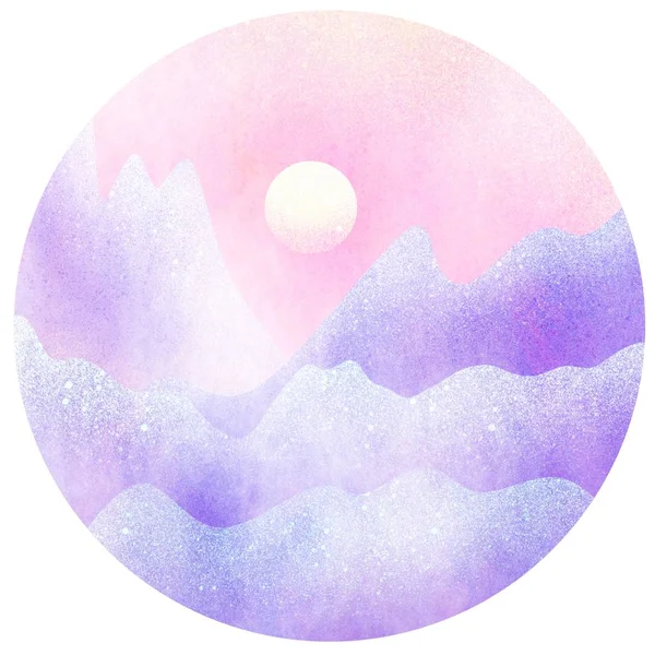 Daire şeklinde suluboya resimleri. Dijital boyalı dağlar