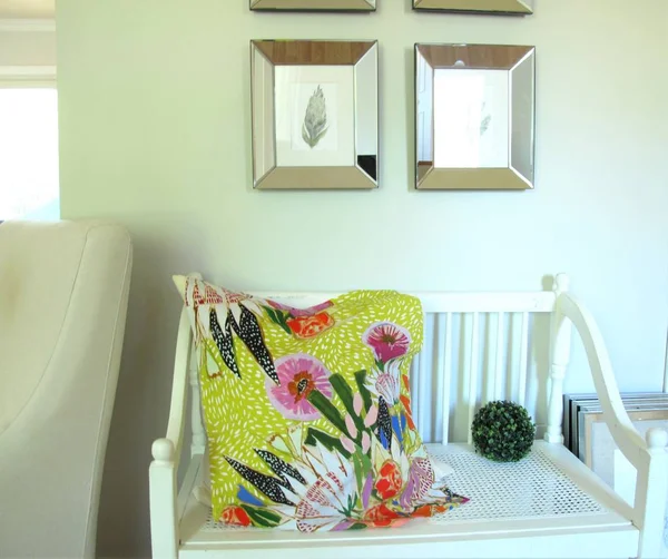 Colorful Pillow Decor White Bench — Stock Photo, Image