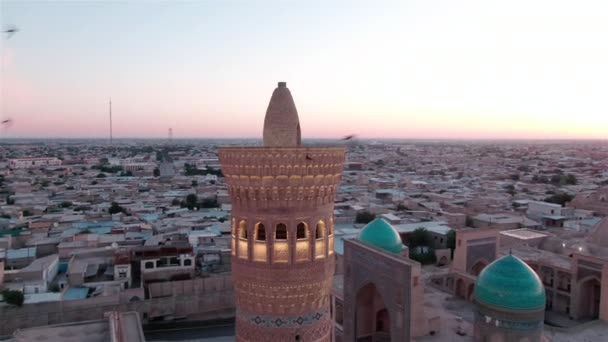 Complesso Moschee Kalyan Bukhara Kalyan Minareto Tramonto Colpito Drone — Video Stock