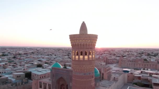 Complesso Moschee Kalyan Bukhara Kalyan Minareto Tramonto Colpito Drone — Video Stock