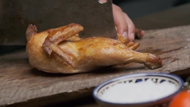 Whole Fried Chicken Cut Man Large Knife Slow Motion — Stock Video