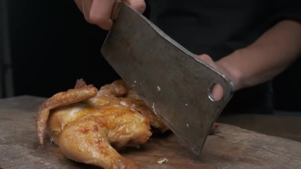 Whole Fried Chicken Cut Man Large Knife Slow Motion — Stock Video