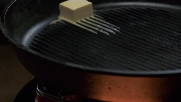 Piece Butter Melted Frying Pan Close Slow Motion — Stock Video