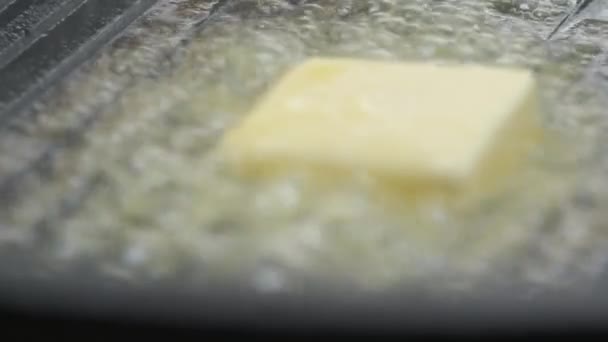 Piece Butter Melted Frying Pan Close Slow Motion — Stock Video