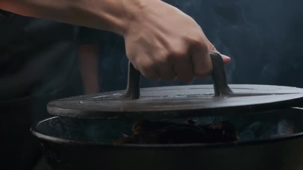 Chef Removes Lid Steaming Grill Slow Motion — Stock Video