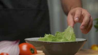 Profesyonel şef lahana yapraklarını hazırlar ve yıkar. Yavaş çekim