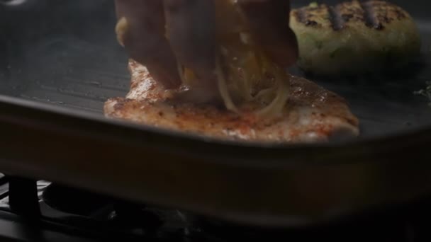 Close Professional Chef Grilling Chicken Fillet Slow Motion — Stock Video