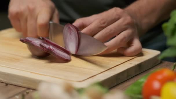 Professional Chef Prepares Cuts Red Onion Close Slow Motion — Stock Video