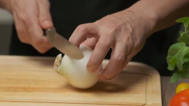 전문적 요리사가 양파를 준비하여 슬로우 모션닫기 — 비디오