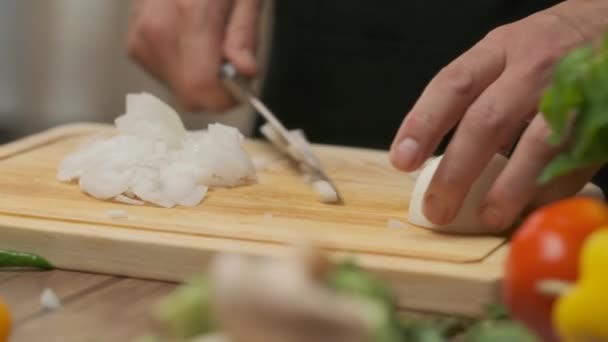 Chef Profesional Prepara Corta Cebolla Blanca Primer Plano Cámara Lenta — Vídeo de stock