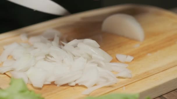 Professional Chef Prepares Cuts White Onion Close Slow Motion — Stock Video