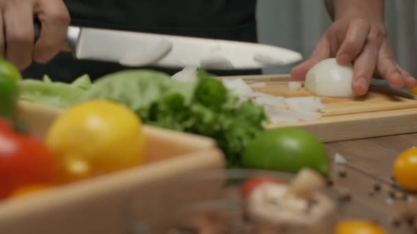 Chef Profissional Prepara Corta Cebola Branca Fechar Câmera Lenta — Vídeo de Stock