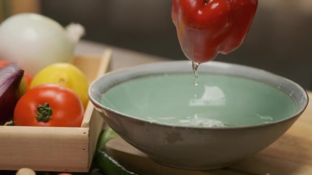 Professional Chef Prepares Red Green Bell Pepper Close Slow Motion — Stock Video