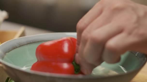 Professionell Kock Förbereder Röd Och Grön Paprika Stäng Upp Slow — Stockvideo