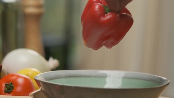 Professional Chef Prepares Red Green Bell Pepper Close Slow Motion — Stock Video