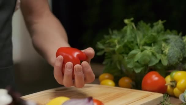 Professional Chef Prepares Red Green Bell Pepper Close Slow Motion — Stock Video