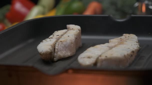 Close Professional Chef Grilling White Fish Fillet Steak Slow Motion — Stock Video