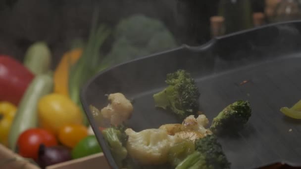 Pan Flip Veggies Grill Fresh Veggies Background Close Slow Motion — Stock Video