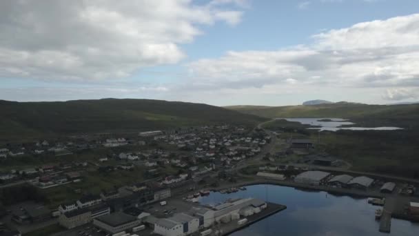 Cottages Ship Docks Shoreline Zone Faroe Islands Drone Fly — Stock Video