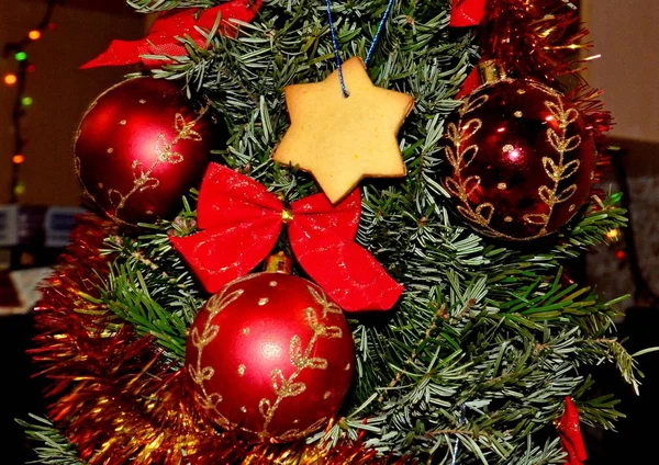 Christmas Tree Decorated Red Balls Traditional Ginger Biscuits Shiny Tinsel — Stock Photo, Image