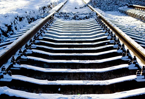 Laying Construction New Tram Rails Snowy Weather Rails Sleepers Stretching — Stock Photo, Image