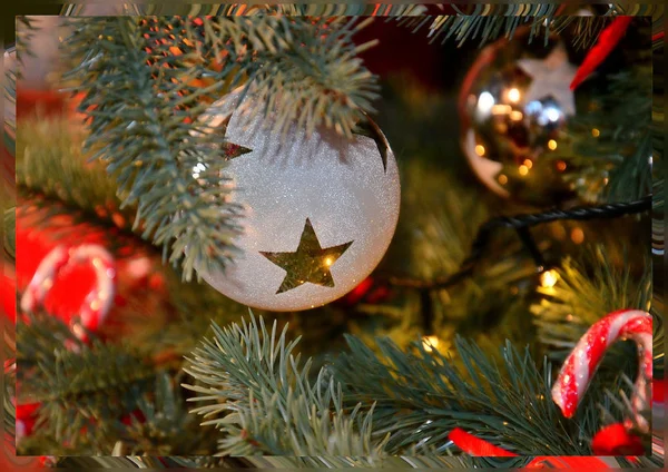 Spruce Branches Decorated Bright Toys Christmas — Stock Photo, Image