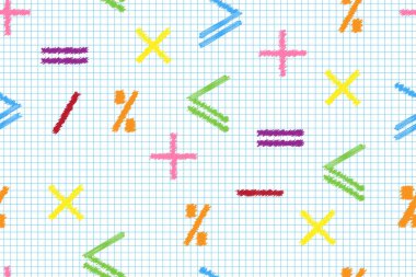 Bir şerit çizgili levha üzerinde çok renkli matematik işaretleri matematiksel Dikişsiz desen, eğitim veya iş kavramı