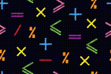 Çizgili çizgili siyah levha, eğitim veya iş kavramı üzerinde çok renkli matematik işaretleri matematiksel dikişsiz desen