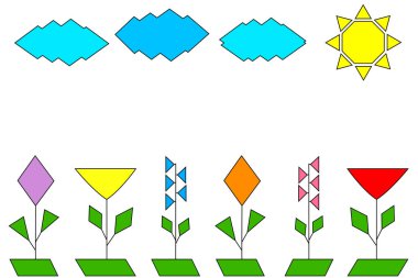 Geometrik çizilmiş renkli çiçekler, bulutlar ve güneş Manzara