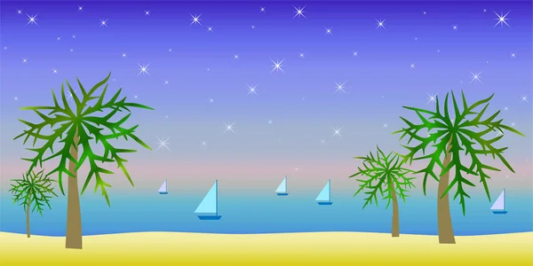 Paesaggio Tropicale Palme Sulla Sabbia Yacht Sullo Sfondo Del Cielo — Vettoriale Stock
