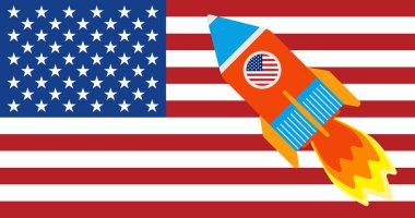 Amerikan bayrağının arka planında astronotların bulunduğu uzay gemisi uçuşunun vektör görüntüsü, uluslararası uzay istasyonuna turist gönderme kavramı. Tüm elementler izole edildi.