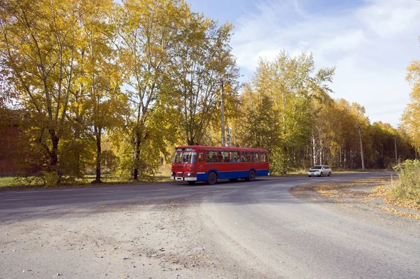 Autobus Regolare Porta Passeggeri Lungo Strada Attraverso Alberi Gialli Autunnali — Foto Stock