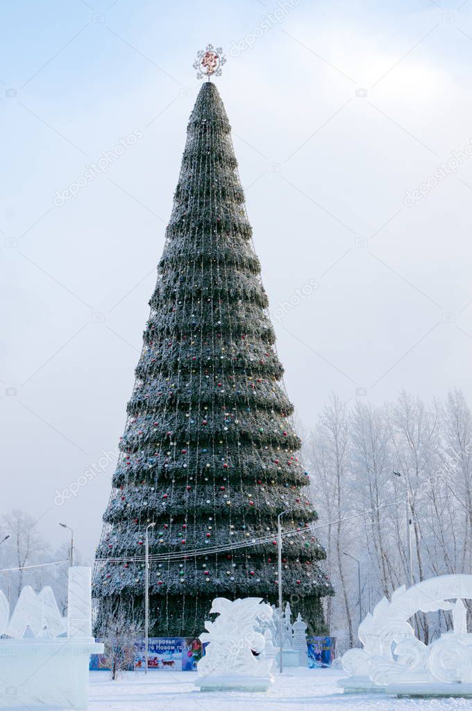 Christmas tree with the blazon of Krasnoyarsk on its top at minus 40 centigrade. The highest artificial Christmas tree of Russia is installed every year. Krasnoyarsk. Krasnoyarsk Region. Russia.
