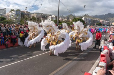Santa-Kruz-De-Tenerife, İspanya-6 Mart 2014: Kadın kalabalık önünde dans tüyler beyaz kostümleri. 