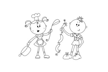 Bayan aşçı bir pan ve kaşık tutar ve çocuk onun sosis verir.