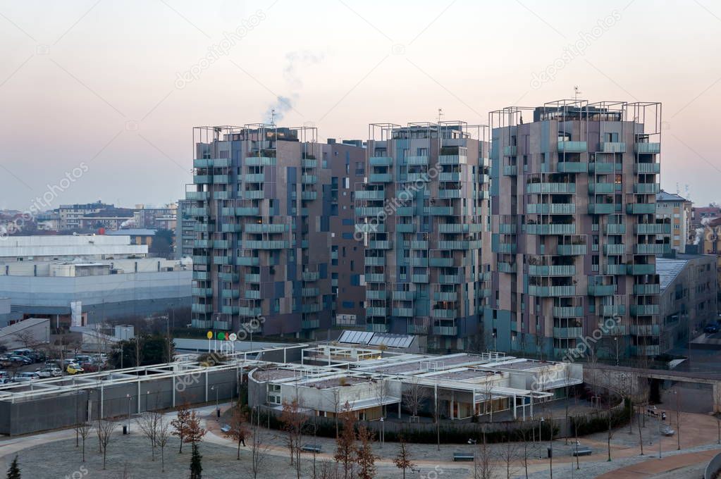 View of the new district of Nuovo Portello with commercial housing built as part of the industrial zone renovation project in the northwest of Milan, Italy  on a winter cloudy morning.