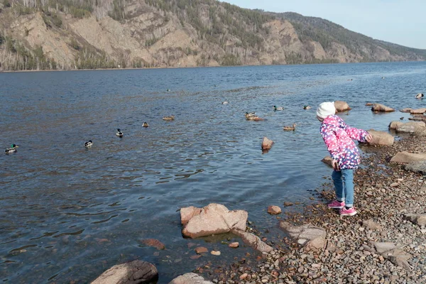 Divnogorsk Región Krasnoyarsk Abril 2019 Niña Está Orillas Del Río — Foto de Stock