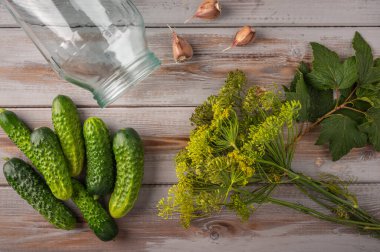 Taze salatalık ve cam kavanoz, sarımsak, dereotu, ahşap arka planda üzümlü yapraklar, üst manzara.