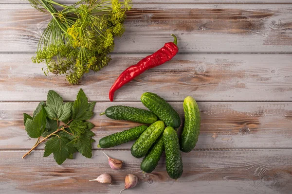 Färska gurkor och glasburk, röd paprika, vitlök, dill, blad av vinbär på en trä bakgrund, ovanifrån — Stockfoto