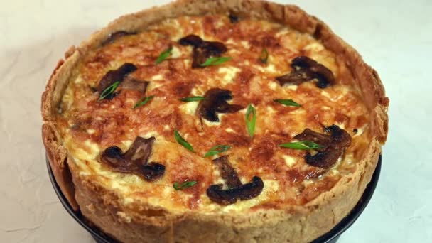 Tradizionale quiche torta francese con funghi, formaggio e cipolla lento ruota sul basamento, focus selettivo — Video Stock