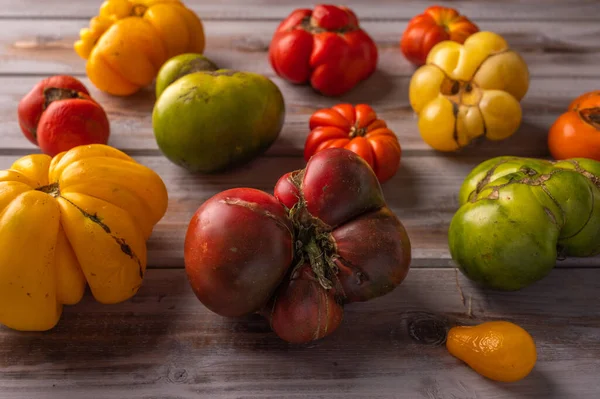 Tomates biologiques mûres et moches à la mode sur fond bois, gros plan — Photo