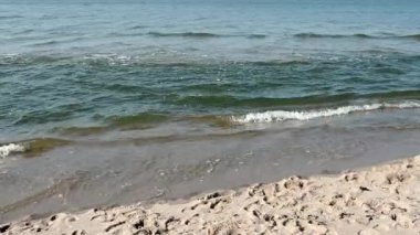 Küçük Baltık deniz dalgaları güneşli mavi gökyüzünde kumsalda yuvarlanıyor.