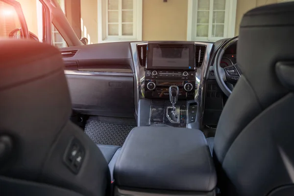Dark luxury car Interior - steering wheel, shift lever and dashb