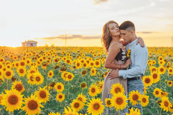 loving couple in field of sunflowers