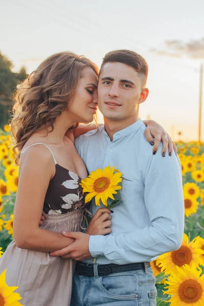 loving couple in field of sunflowers