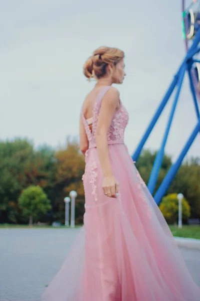 Young Beautiful Woman Long Pink Evening Dress Walking Path Park — Stock Photo, Image