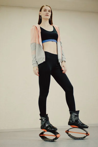 Young Girl Exercising Kangoo Shoes Beautiful Sport Girl Gym Training — Stock Photo, Image