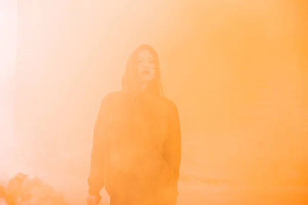 Portrait Military Girl Outdoor Orange Smoke — Stock Photo, Image