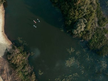 Göldeki SUP tahtalı turistlerin en iyi görüntüsü. Sörf yapan insanlarla dolu güzel, berrak bir su. Arka planda kürek çeken insanların olduğu deniz manzarası