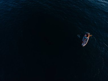 Stand Up Paddle tahtasında çekici bir kadın yemek masasında kürek çeken ve şeffaf suyun tadını çıkaran bir kadın. Tropik seyahat, seyahat tutkusu ve su aktivitesi konsepti. Gün batımı ve rahatlama
